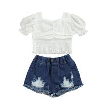 Fashion Children Clothing Summer Kids Baby Girl Clothes Outfits Puff Sleeve T shirt Denim Shorts Outfits 2pcs Set 2024 - buy cheap