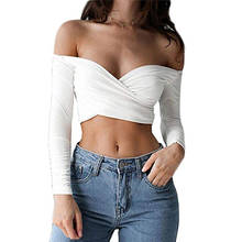 Summer Fashion Sexy Deep V neck Tops Cross Long Sleeve Lady Girl Cropped Tops Casual Off the Shoulder T shirt Women Clothing 2024 - buy cheap