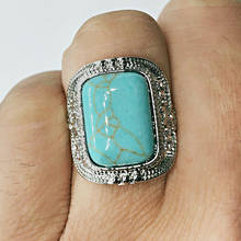 Anel de pedra natural antiga, anel feminino azul e turquesa com pedra quadrada natural vintage, joias para mulheres, anel de aniversário de casamento 2020 2024 - compre barato