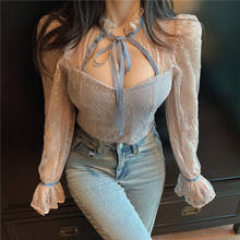 Blusa feminina sexy chique de renda, camisa estilo coreano com manga larga, de malha 2024 - compre barato