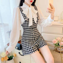 Newest Lace Up Bow Collar White Shirt Blouse Fashion Tweed Plaid Wool Suspender Strap Short Houndstooth Two Piece Set Student 2024 - buy cheap