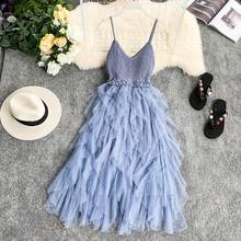 Fashion Dress Women Spaghetti Strap Beach Style Long Dresses Spring Summer V Neck Solid Knit Stitching Ball Gown Sundress 2024 - buy cheap