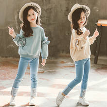 Big Girl set 2020 new girls suit spring And Autumn big Child air lace sleeve Sweatshirt jeans children's 2pcs Clothes 2024 - buy cheap