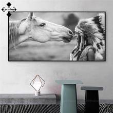 Póster de mujer india con caballo blanco e impresiones en lienzo, pintura artística en blanco y negro, imagen abstracta de pared para decoración de sala de estar 2024 - compra barato