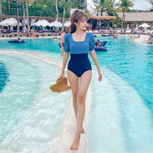 Maiô feminino de uma peça, estilo coreano, sólido, manga curta, monokini, push up, roupa de banho, costas nuas, triquíni, azul 2024 - compre barato