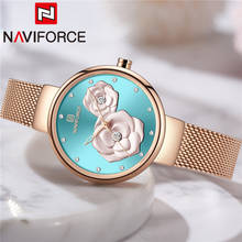 Naviforce relógio feminino de pulso, relógio de pulso impermeável azul de ouro rosa para mulheres, pulseira de malha em aço inoxidável com estampas florais 5013 2024 - compre barato