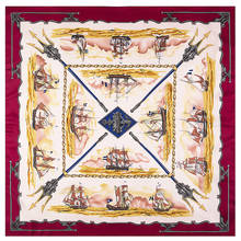 Lenço feminino de seda em sarja 130x130 cm, lenço quadrado com estampa de barco europeu, grande, moda de seda, xales, embrulho 2024 - compre barato