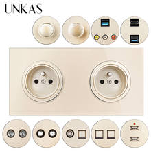 UNKAS Dual French Socket+ HDMI-Compatible USB LED TV RJ11 Telephone RJ45 Internet Dimmer Fan Regulator Switch Glass Panel Outlet 2024 - buy cheap