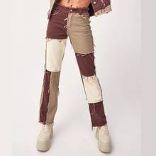 Джинсы Darlingaga Y2K женские прямые повседневные, уличная одежда из денима в стиле пэчворк, с бахромой, длинные брюки из денима контрастных цветов для мам 2024 - купить недорого