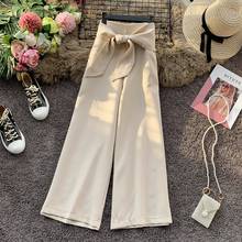 Spring Summer 2021 New Korean Women Loose Bowknot Lace Up Casual Wide-leg Pants Lady Fashion High Waist Solid Nine Points Pants 2022 - buy cheap