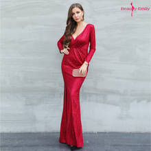 Beauty-Emily Sweet V Neck Evening Dresses Long Sleeve Sequins Split Party Formal Dress Red Mermaid Gowns vestidos de festa 2021 2024 - buy cheap