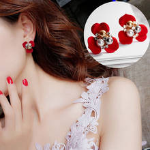 Doreen Box Acrylic Ear Post Stud Earrings Color Flower Clear Rhinestone Imitation Pearl Sweet Jewelry Gift 25mm x 23mm, 1 Pair 2024 - buy cheap