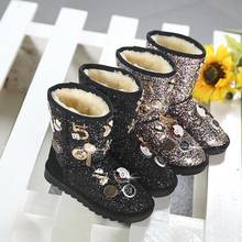 Girls middle and big children snow cotton boots, metal buckles, handmade drill boots, plus velvet and cotton thick velvet 2024 - buy cheap