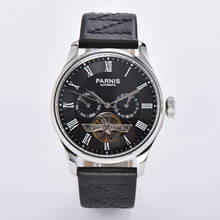 Parnis relógio masculino de esqueleto, relógio mecânico 42.6mm com pulseira de couro para homens, mostrador preto automático, capa prateada, display de semana 2024 - compre barato