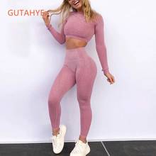 Gutashye 2 pçs mulheres sem costura yoga conjunto workou ternos de fitness esportes manga longa colheita superior cintura alta leggings workout roupas 2024 - compre barato