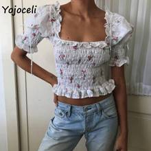 Yojoceli 2019 lace crochet print blouses shirt women square neck ruffle cropped tops female blusas 2024 - buy cheap