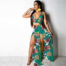 Estampa floral sexy cinta de espaguete cami colheita topos + cintura alta fenda saias longas definir verão praia feminina duas peças conjunto roupas 2021 2024 - compre barato