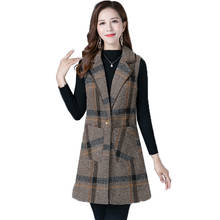 Middle-aged and elderly temperament medium-length large size women's woolen plaid vest fashion pocket simple slim woolen vest 2024 - buy cheap