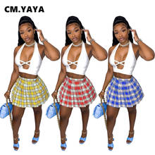 CM.YAYA Women Skirts Set Solid Sleeveless Halter Chest Hollow Out Crop Tops Plaid Mini Pleated Skirt 2 Piece Sets Summer Outfits 2024 - buy cheap