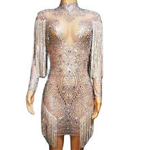 Brillante lleno de diamantes, cadena de plata, flecos, Espalda descubierta, malla elástica ajustada, perspectiva, vestidos de mujer, disfraces de club nocturno 2024 - compra barato