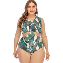 Green Leaf V Neck Women 2021 Plus Size Swimming Suit Female One Piece Beachwear Big Swimsuit Large Monokini 5XL Cut Out Swimwear 2024 - buy cheap