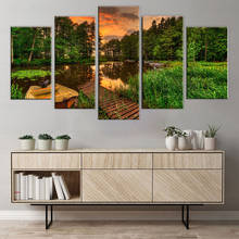 Arte abstrata imagem de parede, 5 peças, barco, doca, floresta, pôr do sol, lago, paisagem para sala de estar, decoração de casa, impressões em tela 2024 - compre barato