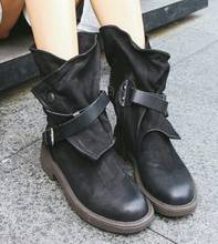 Fashion Medium Military Boots Women Buckle Artificial Leather Patchwork Shoes sapatos mulheres confort gb 2024 - buy cheap