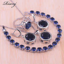 Комплект бижутерии Risenj серебристого цвета с синим камнем, серьги-подвески, кольцо, ожерелье, браслет, классический стиль 2024 - купить недорого
