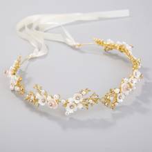 Flor meninas e noiva ouro headwear flor branca cabeça banda com fita acessórios de cabelo casamento tiara artesanal liga 2024 - compre barato