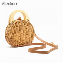 Straw Handbag Women Wooden Hand-Woven Top-Handle Beach Bag Circular Knitting Bags Travel Tote Straw Bags For Women Crossbody Bag 2024 - buy cheap