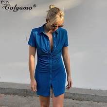 Colysmo Short sleeve Dress Woman Ruched Button up Solid Color Green Mini Bodycon Summer Dress Lady Fashion Casual Shirt Vestidos 2024 - buy cheap