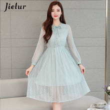 Jielur-novo vestido de renda feminino, vestido com cintura elástica, chique, outono, vintage, azul, manga comprida, botões k 2021 2024 - compre barato