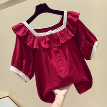 Red Sequare Collar Women Blouse And Shirts Summer New  Ruffles Short-Sleeved Loose Solid Female Pulls Tops Tees 2024 - buy cheap