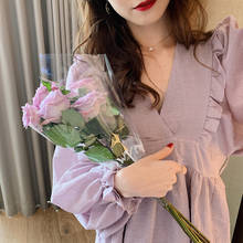 Dress Solid Ulzzang Leisure Lovely Preppy Style Purple Sweet Girl Chiffon Summer V-neck Retro Vintage Baggy Loose Maxi 2024 - buy cheap