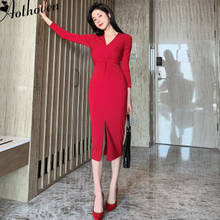 2020 весеннее вязанное платье женское красное с разрезом длинный рукав v-образный вырез элегантное высококачественное Вечернее Платье облегающее Бандажное платье Vestidos 2024 - купить недорого