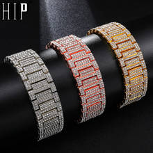 Hip Hop Full Rhinestones Iced Out Bling Gold   Color Watch Band Link Chain Bracelets Bangles for Men Rapper Jewelry 2024 - buy cheap
