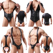 Sexy Gay Bodysuits Faux Leather Leotard Latex Jumpsuits Penis Pouch Undershirts Wrestling Singlet Wetlook Open Butt Sex Catsuit 2024 - buy cheap