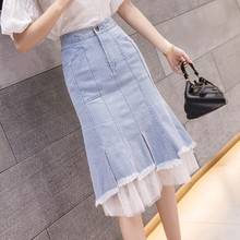 2021 New Denim Skirts Women Summer Lace Mesh Patchwork Skirts Womens Harajuku boho Plus Size 5XL Jeans faldas mujer jupe femme 2024 - buy cheap