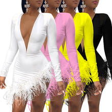 Adogirl Women Feather Mesh Patchwork Mini Dress Long Sleeve Deep V Neck Solid Bandage Dress Sexy Night Club Party Dress Vestido 2024 - buy cheap