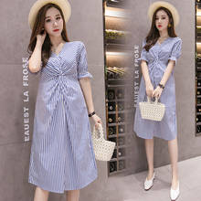 Maternity Dress Summer Korean Fashion V-Neck Slim Clothes for Pregnant Women Stripe Short sleeve Pregnancy Dress 2024 - buy cheap