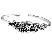 Pulsera de carpa de plata tibetana para mujer, brazalete abierto de tendencia, estilo Retro, fiesta de cumpleaños, pez dorado, 2021 2024 - compra barato