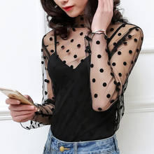 New Women Cute Net Yarn Sexy Lace Shirts  Hollow Out Style Females Turtleneck Mesh Perspective Shirt See Through Net Shirt F0170 2024 - buy cheap