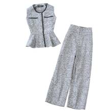 Fashion Plaid suit women spring New high quality Grey lotus leaf OL vest + high waist wide leg 9point pants Two-piece suit women 2024 - buy cheap