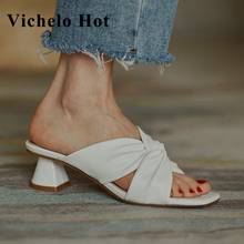 Vichelo Hot natural leather peep toe butterfly-knot summer shoes slip on med heels flip flop party mules women sandals L71 2024 - buy cheap