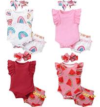 FOCUSNORM Summer Lovely Baby Girls Clothes Sets Ruffles Sleeve Pattern Print Tassel Romper Shorts Headband 3pcs 2024 - buy cheap