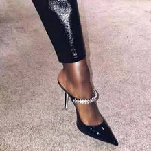 Summer Woman Rhinestone Strap Slingbacks High Heel Ladies Black Leather Low Cut Pumps Party Shoes Woman Thin  Heel Crystal Shoes 2024 - buy cheap