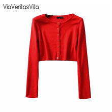 Novo cardigã feminino para o outono, camisolas curtas de malha estilo chique, cores sólidas, vermelho, rosa, azul, básico 2024 - compre barato
