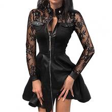 Women Sexy Lace Dresses Sheer Long Sleeve V-Neck Dress Buttons Zipper Faux Leather Party Fashion Mini Dresses for Spring 2021 2024 - buy cheap