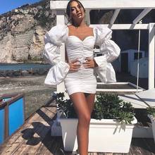 NEW 2021 Women's Sexy Ruched Bodycon Dress Ladies Casual Solid Color Petal Sleeve Square Collar White Mini Dress party Cocktail 2024 - buy cheap