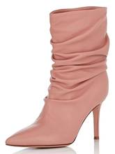 Однотонные ботинки до середины икры розового цвета; Короткие плиссированные сапоги без застежки на высоком каблуке-шпильке; Новое поступление; Модные цветные ботинки с острым носком по индивидуальному заказу 2024 - купить недорого